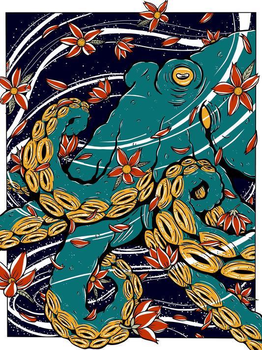 Teal Japanese Octo by Allison Diegel - LIMITED EDITION 18"x24" PRINT