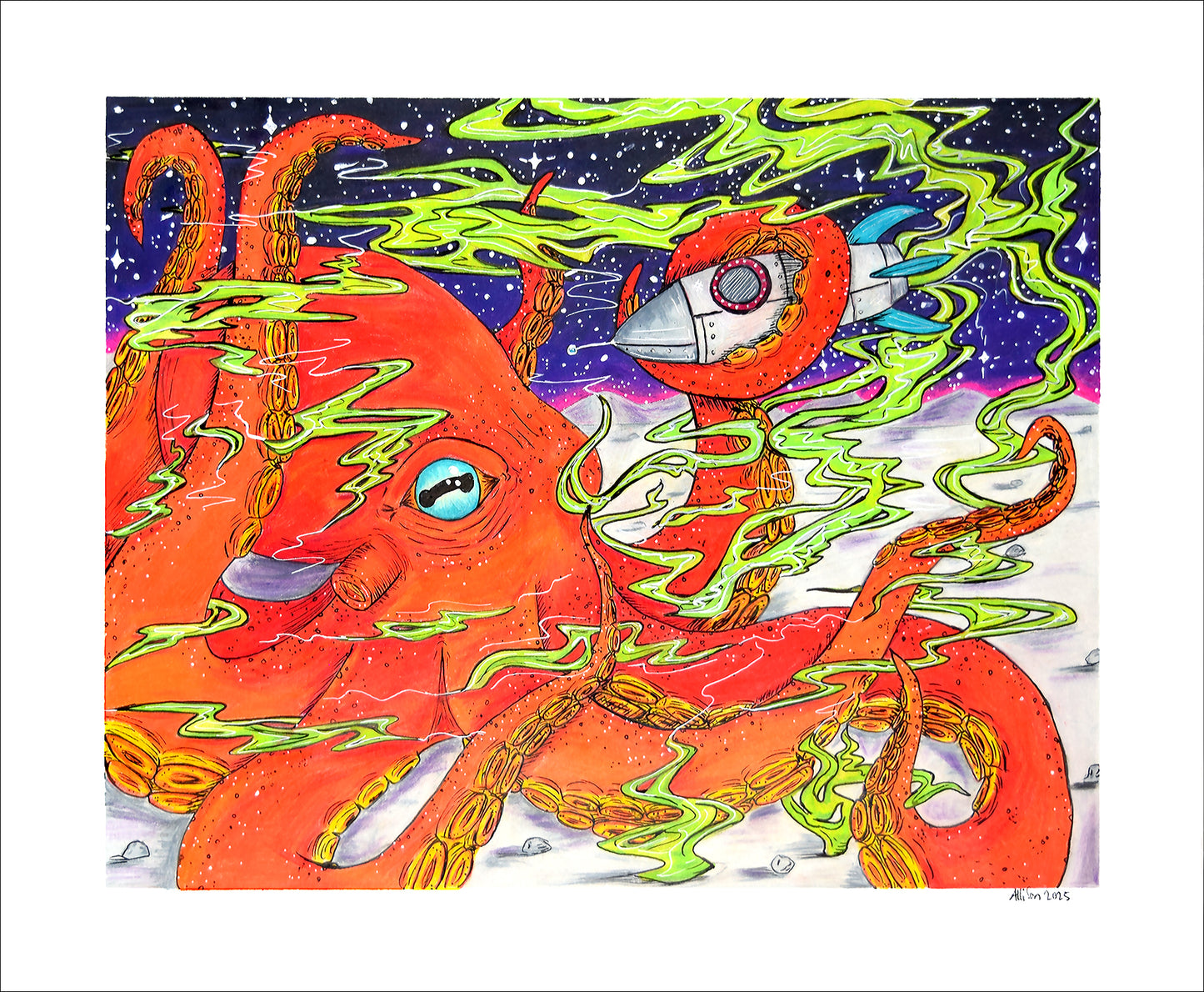 "Orange Space Octo" - 14"x17" Colored pencil art by Allison Diegel - One of a kind