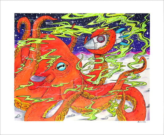 "Orange Space Octo" - 14"x17" Colored pencil art by Allison Diegel - One of a kind